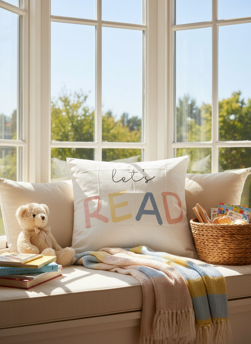 White pillow with 'Let's Read' text on a wooden floor