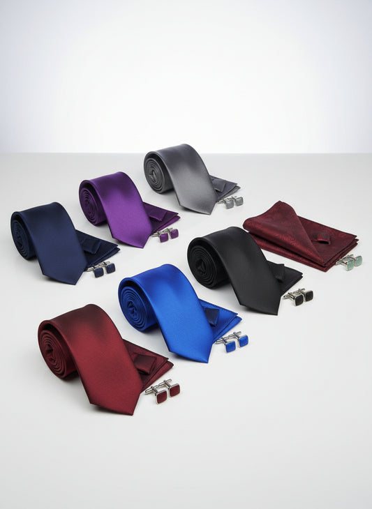 Men tie sets with necktie, handkerchief, and cufflinks