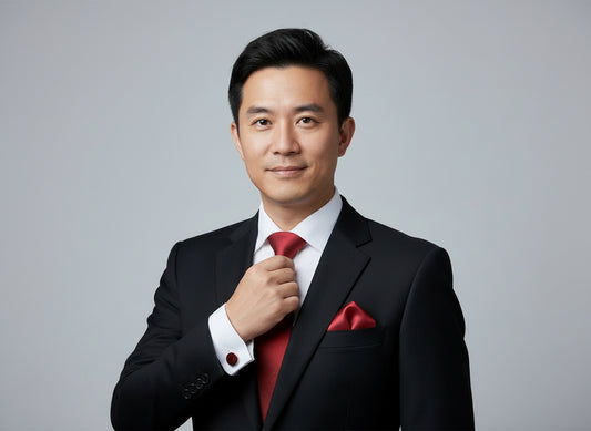 Tie, cufflinks, and pocket square set on a dark textured surface