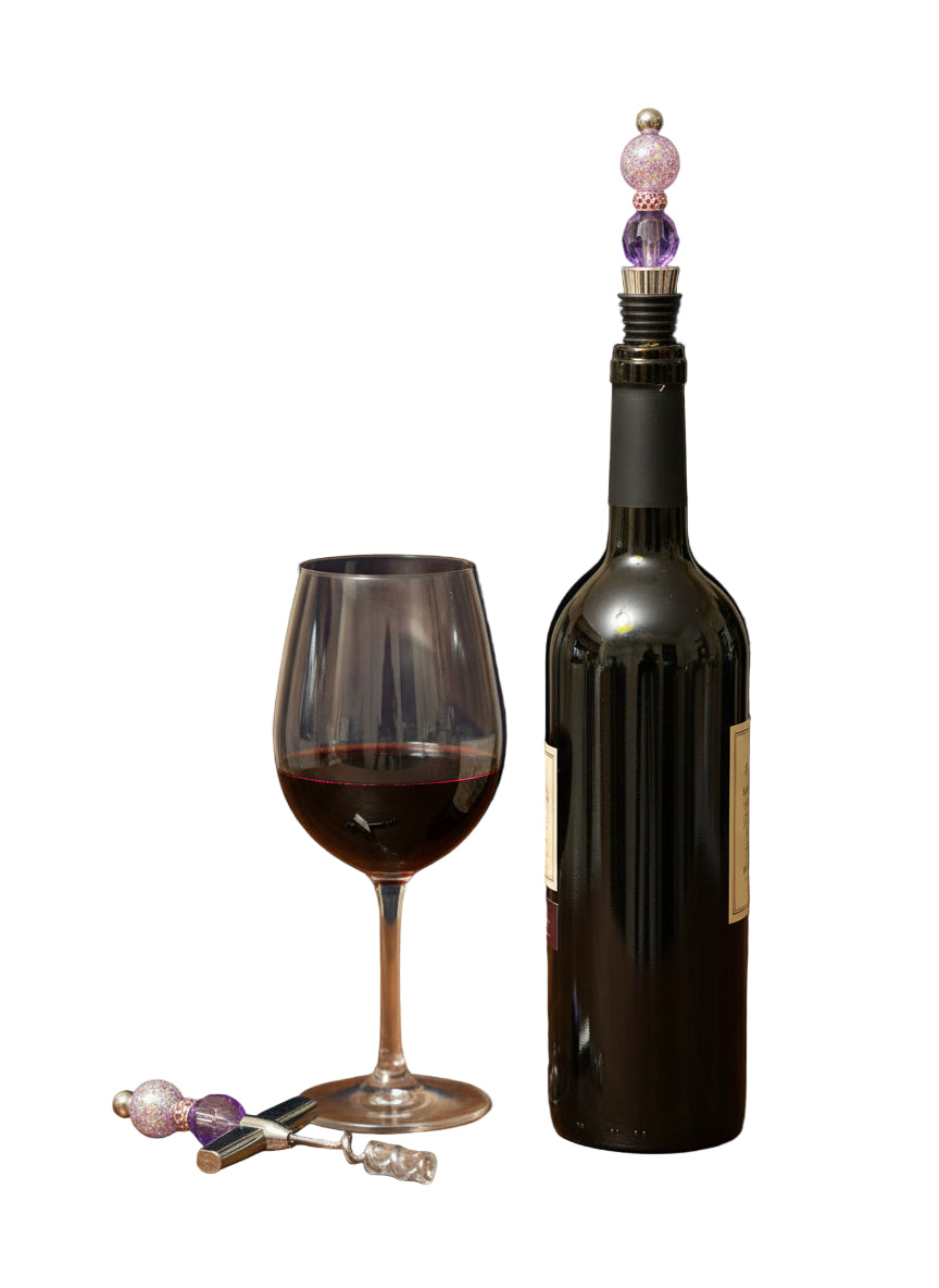 Matching hand beaded wine opener and wine stopper sets