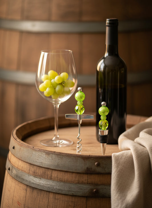Wine bottle stopper and corkscrew with green beads put on by hand
