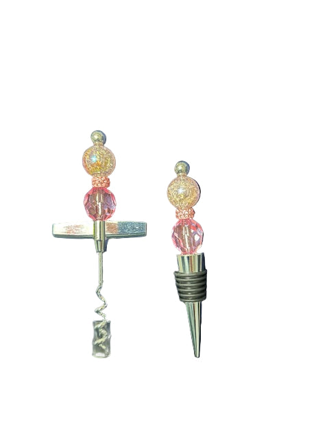 Matching hand beaded wine opener and wine stopper sets