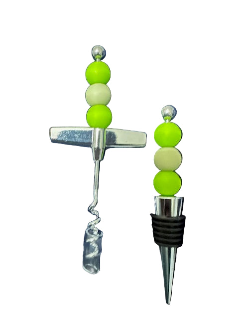 Wine bottle stopper with green beads and corkscrew opener