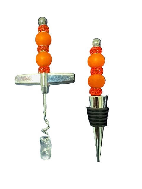 Matching hand beaded wine opener and wine stopper sets