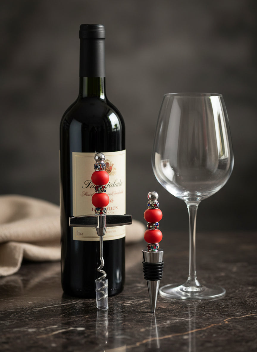 Matching hand beaded wine opener and wine stopper sets
