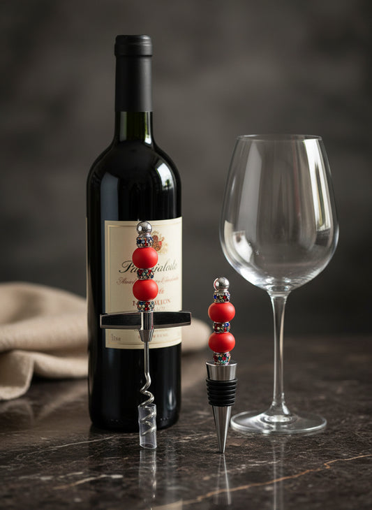 Matching hand beaded wine opener and wine stopper sets