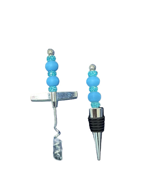 Matching hand beaded wine opener and wine stopper sets