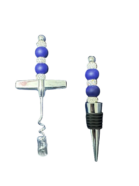 Matching hand beaded wine opener and wine stopper sets