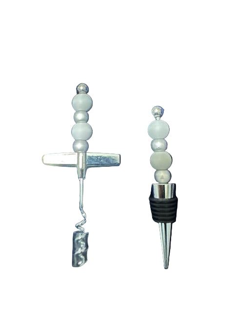 Matching hand beaded wine opener and wine stopper sets