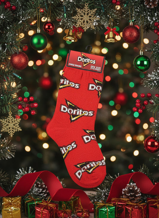 Red sock with Doritos logo on a dark blue textured background