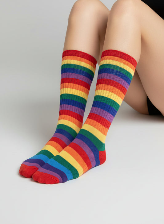 Person wearing rainbow striped knee-high socks on a plain background