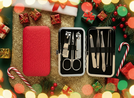 Manicure set with tools in a case portable and convenient.  Fits in purse